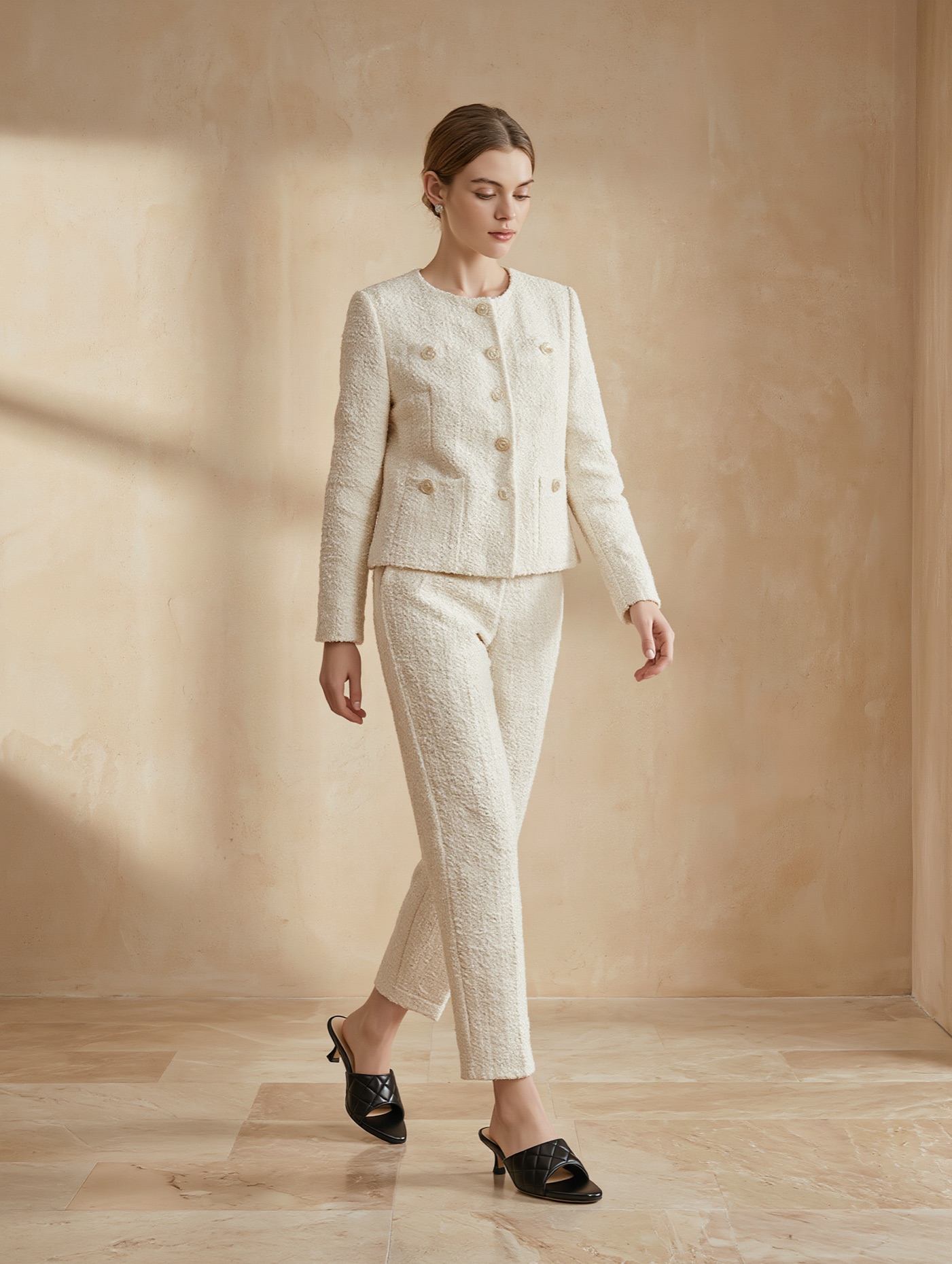 A model in a cream tweed suit wearing the Chanel Heels in black