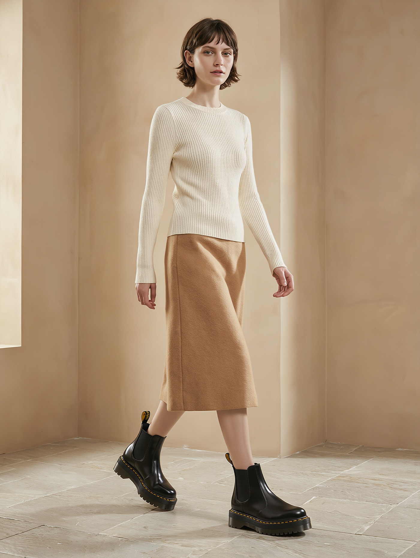 A model in a camel skirt and cream knit wearing the Chelsea Dr Martens boots