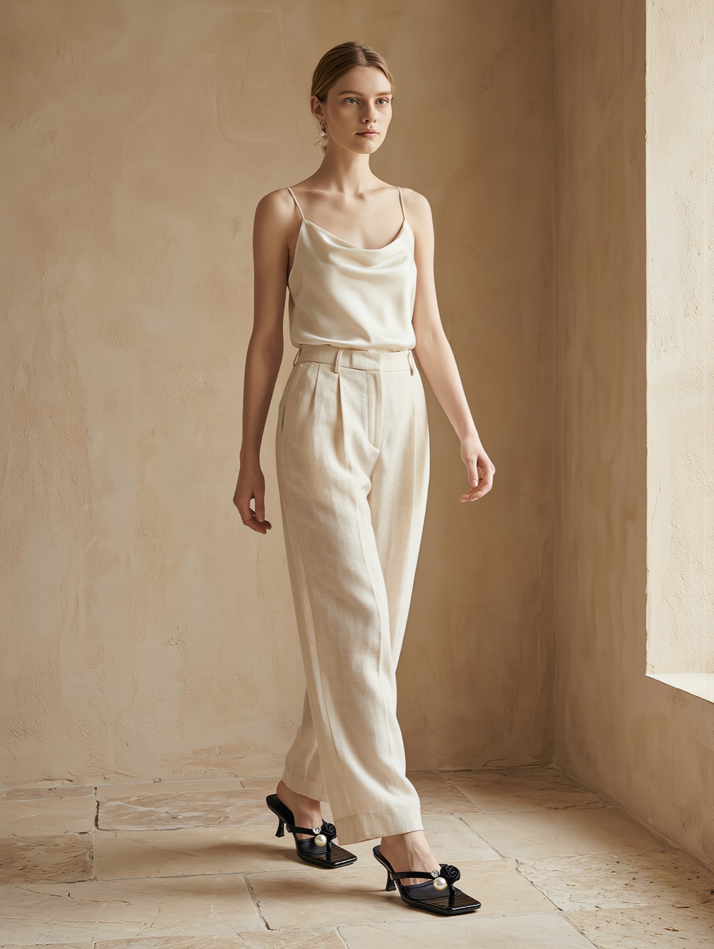 A model in ivory trousers and a silk camisole wearing the Flip Flop Rose Heels in black