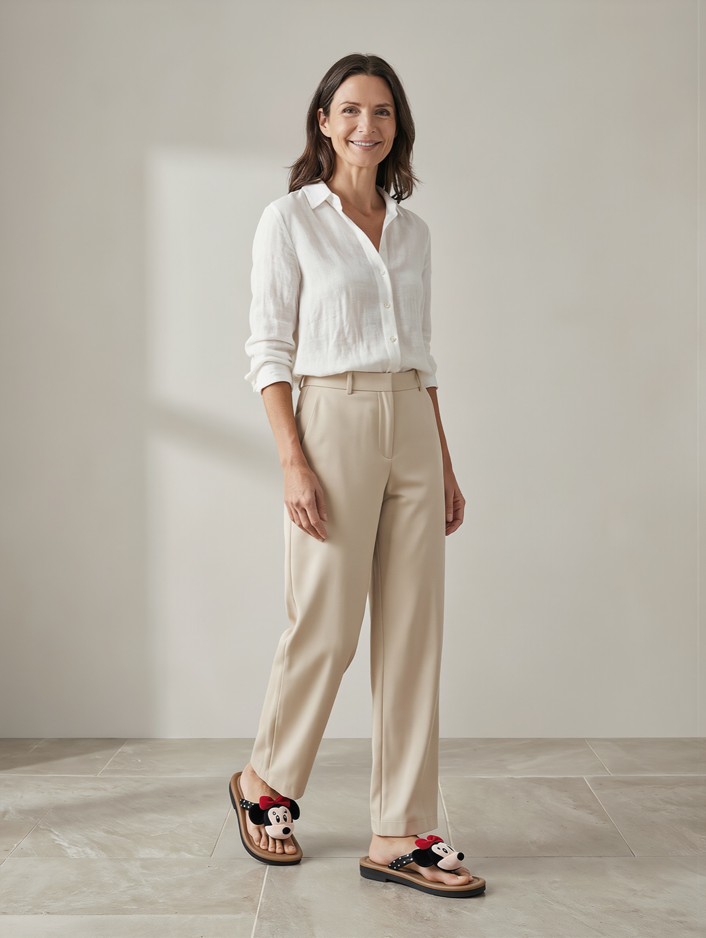 A model in beige trousers and a white linen shirt wearing the Mikey Mouse Flats in black