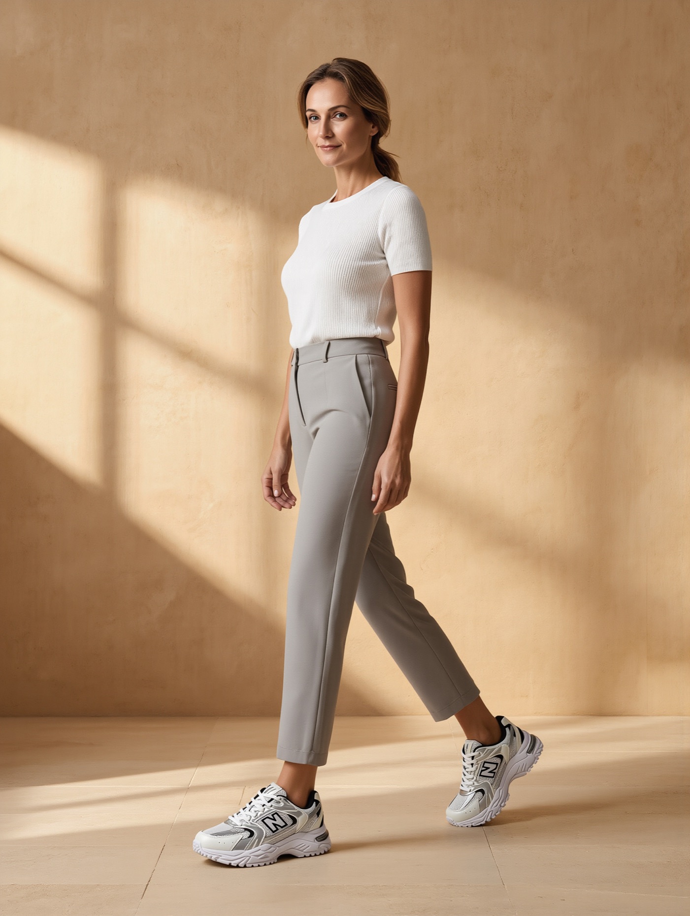 A model in grey cropped trousers and a white top wearing the NB 530 Shoes