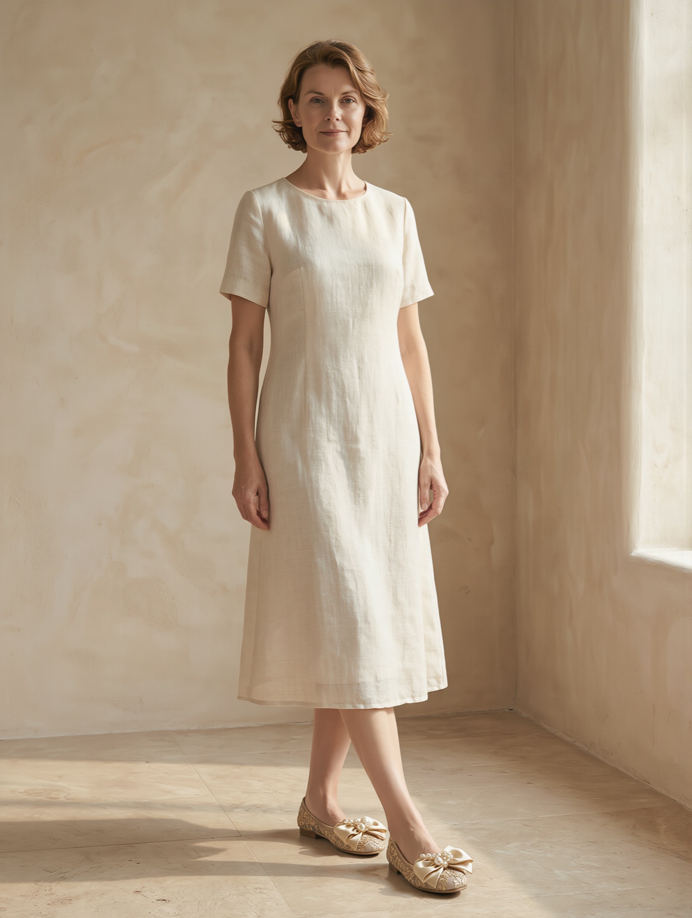 A model in a cream linen dress wearing the Net Floral Ballet in nude