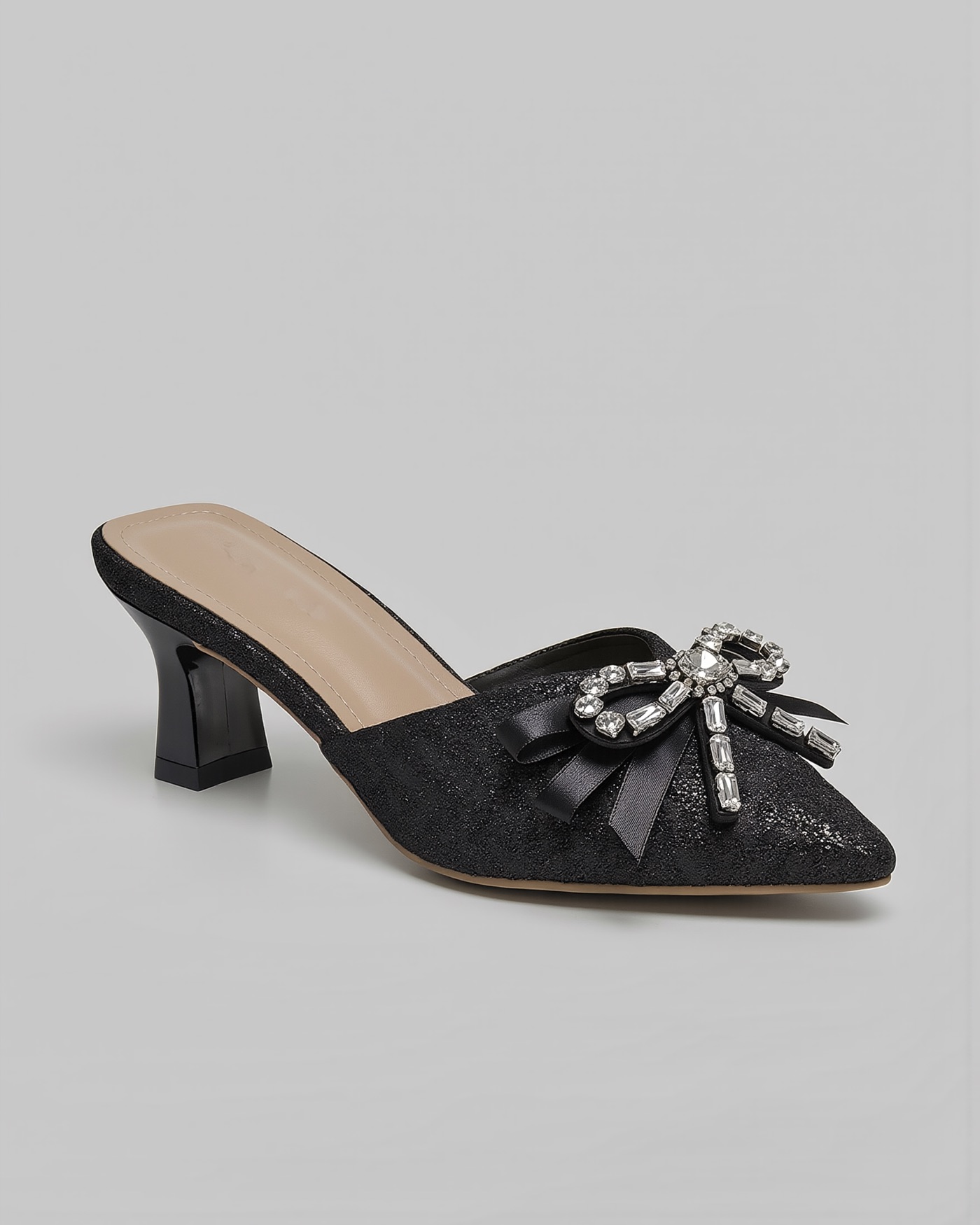 Shiny Bow back open heel
