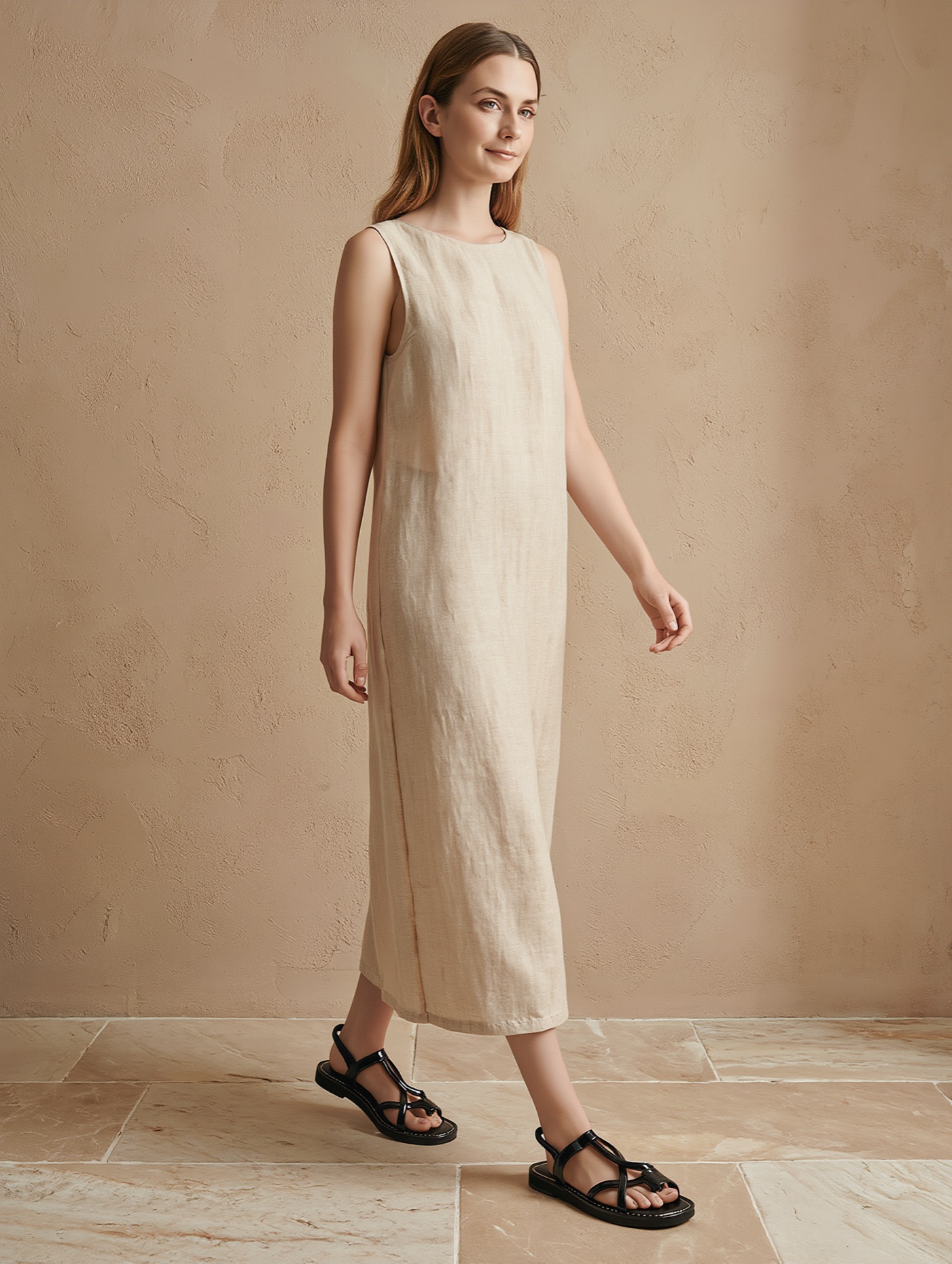 A model in a sand linen dress wearing the Waterproof Flats in black